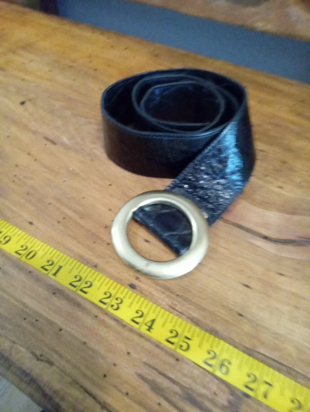 Vintage Black Soft Quilted Wide Band Leather Belt with Gold Ring Buckle